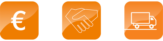 유로(euro) 기호 포함 로고, 악수 및 배달용 밴